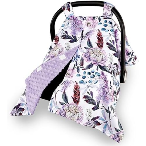 Car Seat Cover Baby, Infant Car Seat Canopy Covers for Newborn Girls Boys, Soft Breathable Mink Carseat Covers Stretchy Multi-Use Nursing Cover for Stroller Baby Car Seat, Purple Flroal