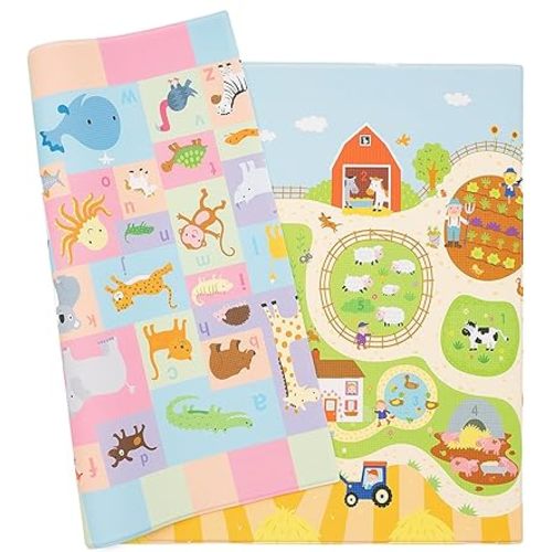 Baby Care Play Mat (Medium, Playful - Busy Farm) 73’’ x 49’’ Original One-Piece Reversible Rollable Waterproof Play Mat for Infants, Babies, Toddler, and Kids