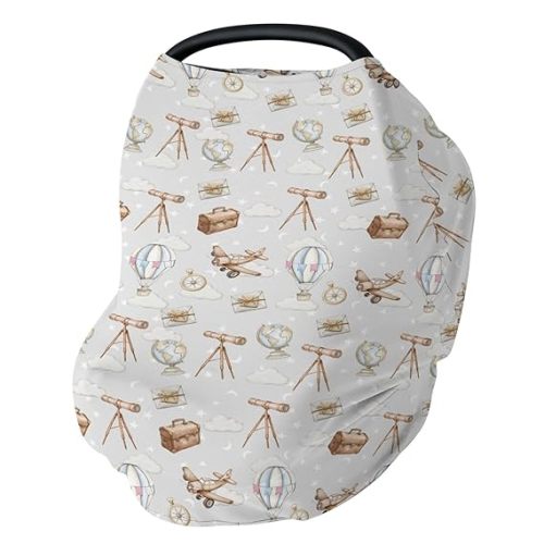 Adventure Baby Car Seat Covers Travel Planes Compass Luggage Globe Explore Stretchy 5-in-1 Cover Adjustable Infant Carseat Cover Canopy Holiday Vacation Breathable Nursing Cover-Up