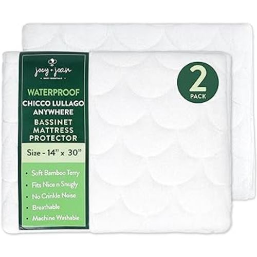 Joey + Joan Waterproof Bassinet Mattress Pad Cover Compatible with Chicco Lullago Anywhere Bassinet – 2 Pack Quilted Mattress Protector Made from Ultra Soft Bamboo Viscose Terry – 14" x 30"