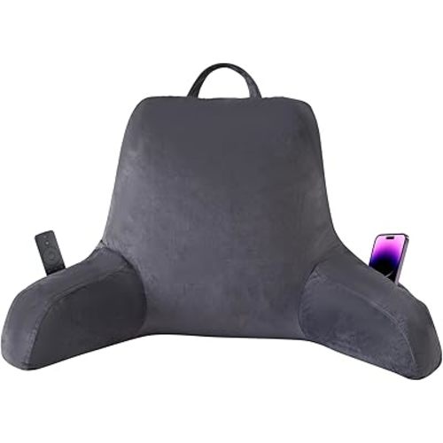 Reading Pillow for Sitting in Bed Adult, Back Pillow for Sitting Up, Shredded Memory Foam Backrest Pillow with Arms, Husband Pillow, Bed Chair TV Pillow for Lounging, Reading(18inch Grey)