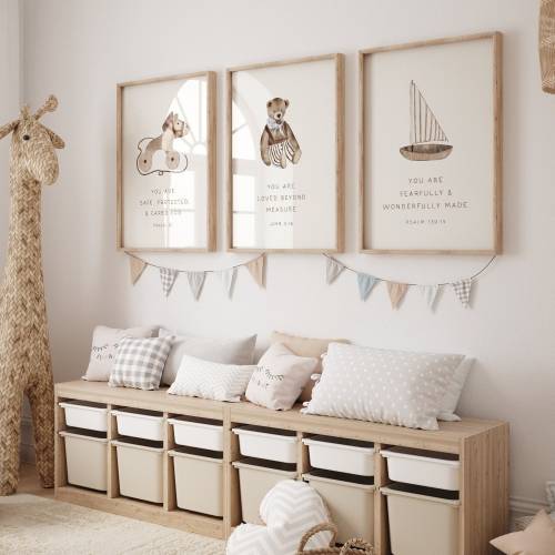 Christian Nursery Set of 3, Kid's Biblical Affirmations, Vintage Bible Verse Wall Art, Baby Boy Room Scripture Posters, Sunday School Decor