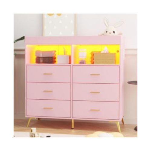 Dresser for Bedroom with 6 Drawers, Baby Changing Table Dresser with Changing Pad, LED Lights & Charging Station, Baby Changing Station with Changing Table Top