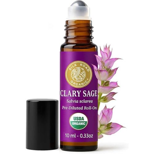 Silk Road Organic Clary Sage Essential Oil Roll On, 100% Pure USDA Certified Aromatherapy for PMS, Stress & Mental Clarity - 10 ml Roller - Always Pure, Always Organic