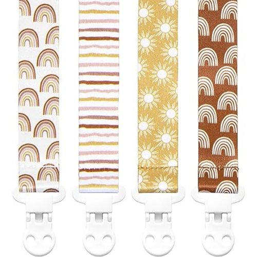 Baby Pacifier Clip Holder - Girl or Boy Unisex 4 Pack Gift Set – Boho Modern Neutral Rainbows Suns Stripes (Boho Baby)