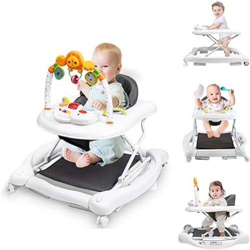 Baby Walker, 4-in-1 Baby Walkers for Boys and Girls with Bouncer & Wheels, Removable Footrest, Feeding Tray & Music Tray, Foldable & Adjustable Activity Walker for Babies 6-18 Months