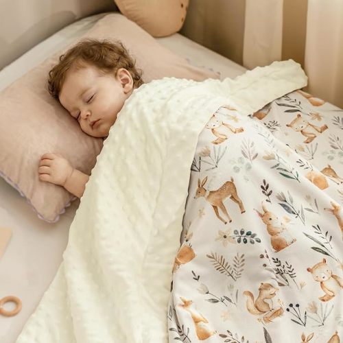 PHF Minky Baby Blanket with Double Layer and Soothing Raised Dotted Backing, Soft and Lightweight Reversible Receiving Blanket for Newborns, Infants, Babies, 30x40 Inches, Woodland&Forest