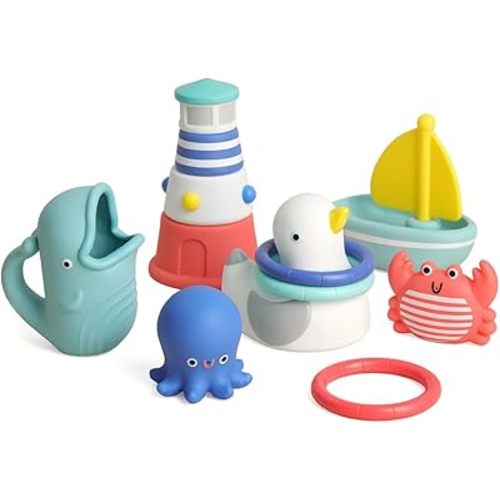 Itzy Ritzy Bathtime Gift Set - 12-Piece Set of Nautical-Themed Bath Toys Including a Water Scoop, Stacking Lighthouse, Ring Toss & Squirting Toys (Nautical)