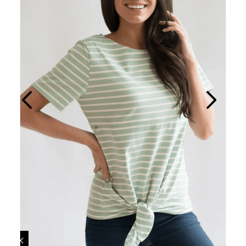 Striped Nursing T-Shirt With Front Tie- Hidden Zipper - Mint/White - small