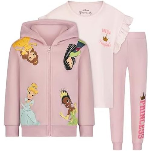 Disney Princess Cinderella, Belle, Tiana and Mulan Girls Hoodie, T-Shirt and Pant Set for Toddlers and Big Kids