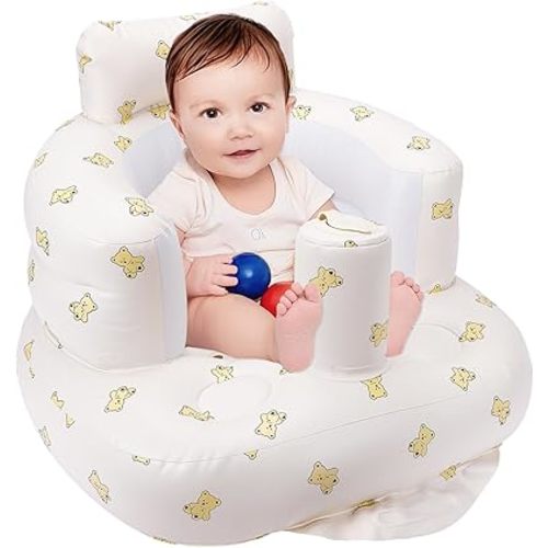 Blow Up Seat for Baby, Inflatable Baby Chair 3 Months & Up, Chair for Baby Sitting Up with Built in Pump- Bear