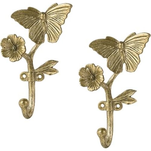 SOFFEE DESIGN 2PCS Heavy Duty Butterfly & Flower Wall Hooks, 3D Vintage Gold Metal Robe Hooks for Entryway Coat Hanger or Bathroom Towel Holder
