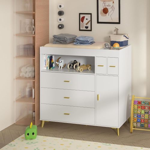 Changing Table with Drawers, White Drawer Dresser,Changing Table Dresser with 5 Drawer & Cabinet by PAKASEPT