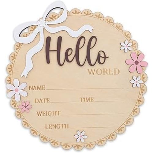 Hello World Wooden Baby Birth Announcement Sign, Pink Floral Newborn Name Date Time Weight Length Board, Baby Girl Nursery Decor Photo Prop Keepsake (White + Mouve)