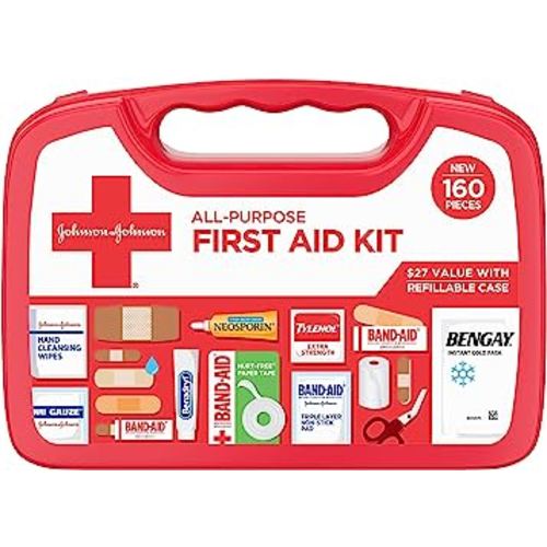 Johnson & Johnson All-Purpose Portable Compact First Aid Kit for Minor Cuts, Scrapes, Sprains & Burns, Ideal for Home, Car, Travel, Camping and Outdoor Emergencies, 160 pieces