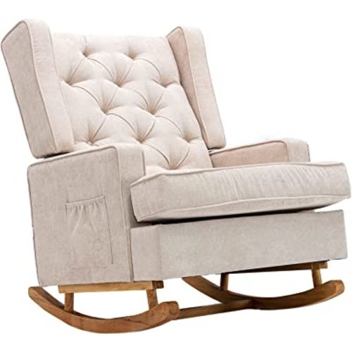 Dolonm Nursery Rocking Chair Upholstered Mid Century Modern Rocker Oversized Wingback Armchair for Living Room with Solid Wood Base (Beige)