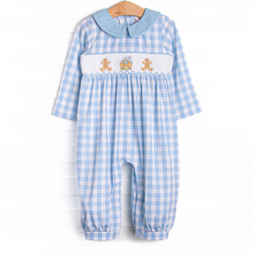 Ginger Snap Season Smocked Romper, Blue – Stitchy Fish, 3 month
