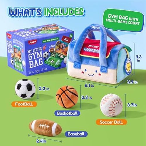 Joycat Baby Toys 0-12 Months, My First Sports Bag Plush Toy, 4 Sensory Balls with Multi-Game Court, Crinkle Rattle for 0-3-6-9-12 Month Newborn Tummy Time Toys, Baby Travel Toy Gifts for Boys Girls