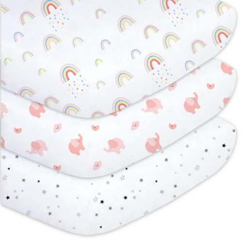 Little Grape Land Crib Sheets for Baby Girls 3 Pack, 28"x 52" Extra Soft Microfiber Crib Sheet Set for Standard Crib & Toddler Mattress Pad, Rainbow & Elephant & Stars