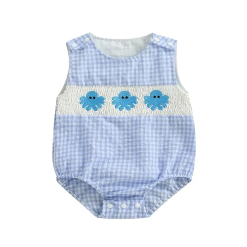 Newborn Boy Turtle Romper Sleeveless Seersucker Stripe Overalls Gingham Plaid Octopus Bodysuit Baby Summer Clothes