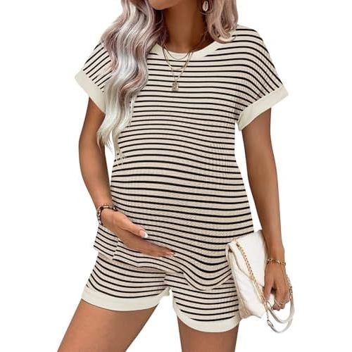 Ekouaer Women's Waffle Knit Maternity Pajamas 2 Piece Outfits Short Sleeve Tops and Shorts Loungewear Set Pregnancy Clothes