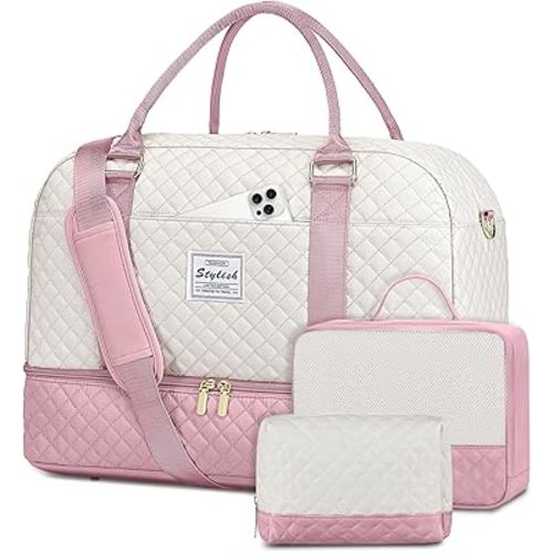 Travel Duffle Weekender Bags for Women: Carry On Bagswith Shoe Compartment Overnight Bag with Toiletry & Wet Pocket Large Tote Hospital for Women Labor Delivery Beige Pink