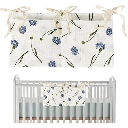 Nursery Storage Bag, Bedside Hanging Diaper Caddy with 2 Pockets, Lightweight Cotton Crib Organizer for Diapers, Pacifiers & More