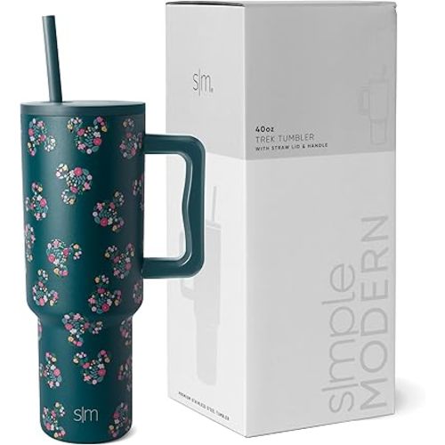 Simple Modern Disney 40 oz Tumbler with Handle and Straw Lid | Insulated Reusable Stainless Steel Water Bottle Travel Mug | Gifts for Women Her | Trek Collection | 40oz | Mickey Mouse Floral Riptide