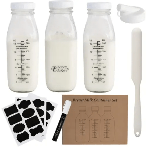 Breast Milk Pitcher | Set of 3 Glass Breastmilk Storage Bottles, Pour Spout & Silicone Spatula | Breast Milk Container w/ Chalkboard Labels & Pen | Ideal Breastmilk Storage Pitcher for Baby Shower