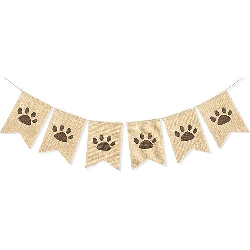 Uniwish Dog Paw Print Banner Puppy Animal Theme Birthday Party Decorations, Rustic Burlap Bunting Pet Party Supplies Garland Photo Props