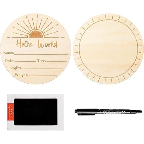 R HORSE Baby Birth Announcement Sign with Marker Pen, Wooden Baby Birth Sign with Ink Pad for Baby Hand and Footprints, Double-sided Boho Sun Newborn Announcement Sign for Baby Shower Keepsakes