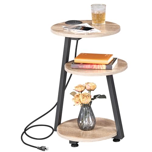 BEWISHOME Round End Table with Charging Station, Side Accent Table with 3-Tier Shelves, Small Couch Table for Living Room Greige KTZ51G