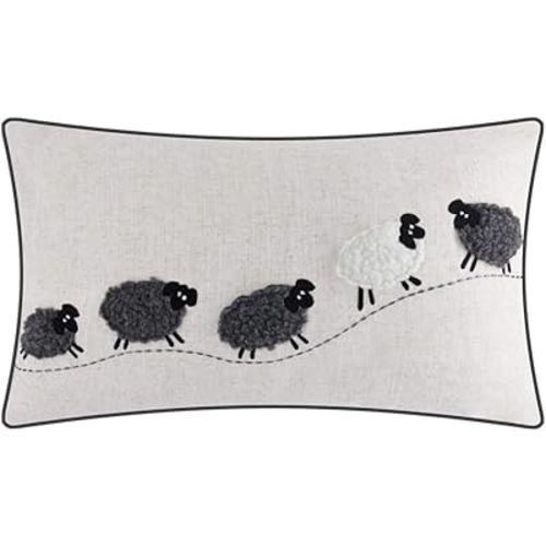 JWH Sheep Throw Pillow Cover Decorative Rectangle Cushion Cover Applique Accent Pillow Case Handmade Pillowcase Bed Couch Bedroom 12x20 Inch Beige Black