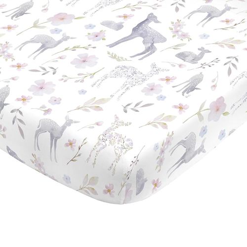 NoJo Super Soft Floral Deer Nursery Mini Crib Fitted Sheet, Grey, Light Blue, Pink, White 24x38 Inch (Pack of 1)