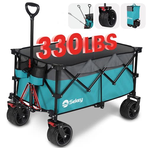 Sekey 220L Collapsible Foldable Wagon with 330lbs Weight Capacity, Heavy Duty Folding Utility Garden Cart with Big All-Terrain Beach Wheels & Drink Holders.Turquoise
