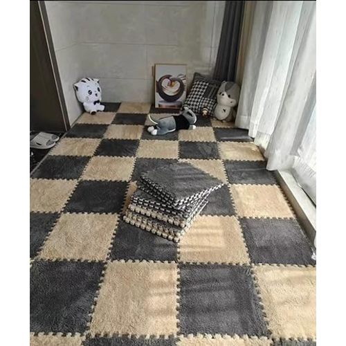 20pcs Plush Puzzle Foam Floor Mat, 11.8x11.8in Soft Interlocking Carpet Tiles,Anti-Slip Puzzle Area Rug Playmat for Room,Grey Camel