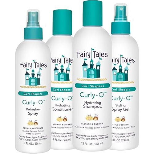 Fairy Tales Curly Q Hydrating Kids Shampoo 12oz, Conditioner 8oz, Styling Spray Gel 8oz & Refresher Spray 8oz - Paraben, Sulfate, Gluten & Nut Free - All Curl Types Incl. Multi Cultural Hair (4 Pk)