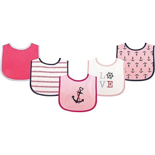 Luvable Friends Unisex Baby Cotton Terry Drooler Bibs with PEVA Back, Girl Nautical, One Size