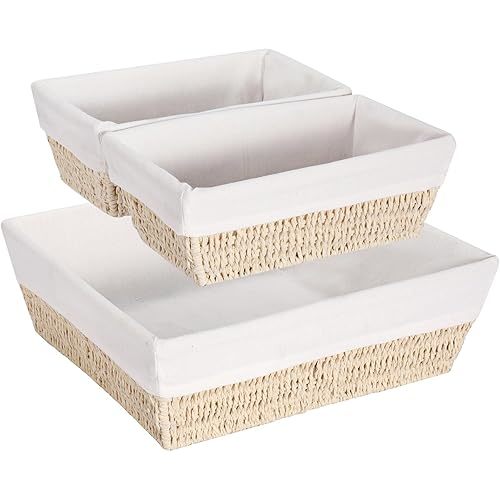 Vagusicc Storage Basket, Set of 3 Woven Paper Rope Wicker Baskets for Storage with Handles, 15 Inches Large Cube Storage Bins Woven Storage Baskets with Liners for Shelves Organizing & Decor, Beige