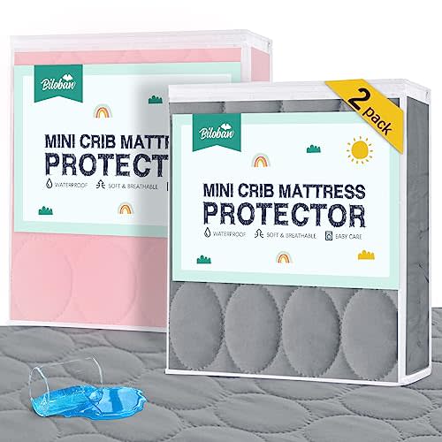 Mini Crib Mattress Protector Sheets Waterproof 2 Pack, Quilted Pack and Play Mattress Pad Cover Fits for Baby Mini Crib/Playen/Pack and Play Mattress, Grey & Pink, 38"x24"