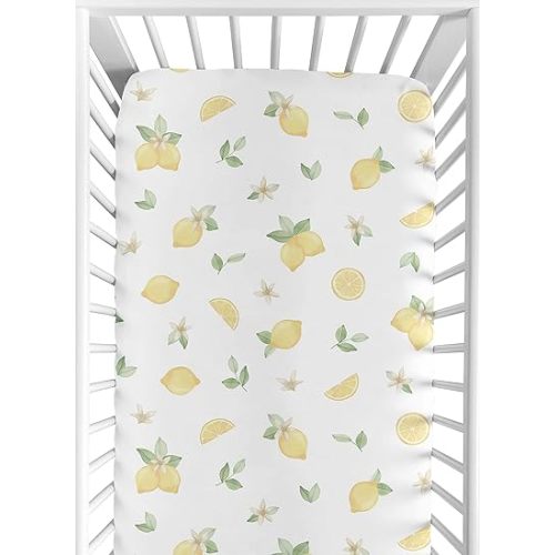 Sweet Jojo Designs Lemon Floral Girl Fitted Crib Sheet Baby or Toddler Bed Nursery - Yellow Green Beige White Watercolor Boho Bohemian Farmhouse Fruit Flower Blossom Botanical Leaf
