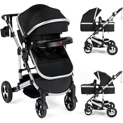 Kinder King 3 in 1 Reversible Baby Stroller w/Detachable Tray, Convert to Newborn Pram, Folding Infant Carriage for Toddler, Adjustable Canopy & Handle, Aluminum Alloy, Suspension Wheels, Black
