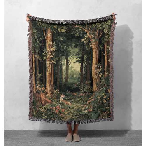 100% Cotton Enchanted Forest Woven Blanket, Nature Tapestry, Woodland Cozy Throw