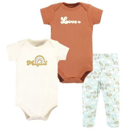Hudson Baby Infant Girl Cotton Bodysuit And Pant Set, Magical Rainbow Short Sleeve, 3-6 Months