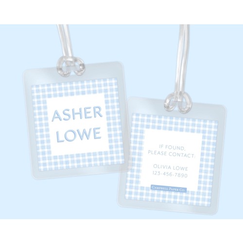 Personalized Watercolor Gingham Bag Tag: Baby Boy Diaper Bag, Backpack
