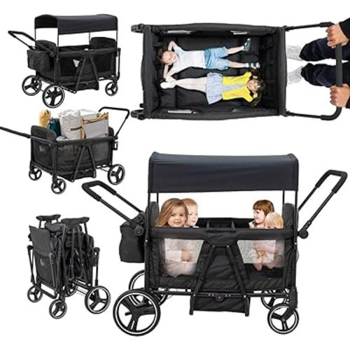 Wagon Stroller for 4 Kids - 4 Seater Baby FoldableTandem Stroller for Toddlers&Newborns with Mom's Bag,5-Point Harness,Adjustable Handle&Canopy,Kids Tray,Cup Holder,Storage,Lightweight&Travel-Friendly