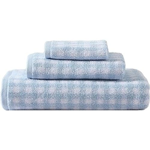 Laura Ashley- Towel Set, Absorbent & Fade Resistant Cotton Towels, Farmhouse Bathroom Decor (Ginny Blue, 3 Piece)