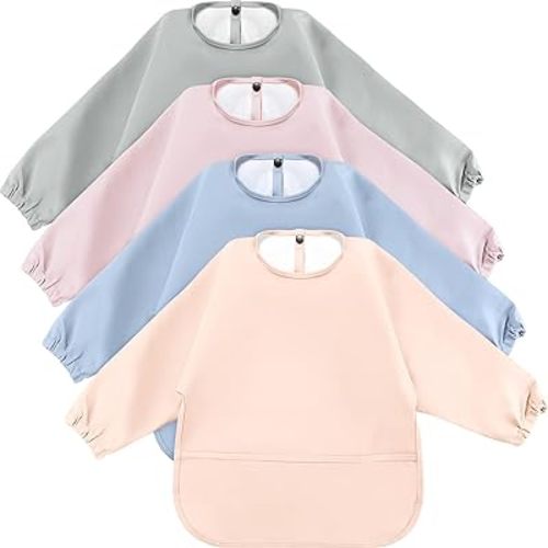 JaGely 4 Pack Long Sleeve Baby Bibs Waterproof Long Sleeved Bib Baby Eating Smock Bib Feeding Shirt Bib with Food Catcher