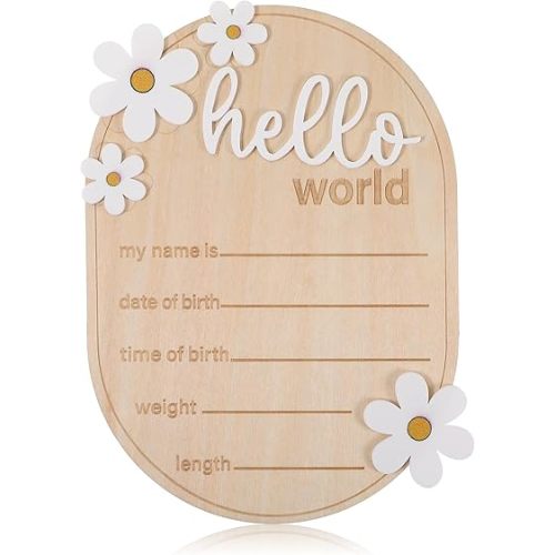 Hello World Newborn Sign Wooden Flower Newborn Baby Announcement Sign Nursery Decor Baby Welcome Sign Baby Shower Hospital Birth Announcement Sign