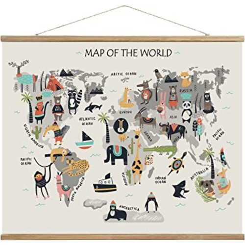 Animal World Map Hanging Canvas Wall Art, World Maps for Kids Wall, Baby Room World Map, Animals of The World Poster for Children Education, 24"x18" Ready to Hang
